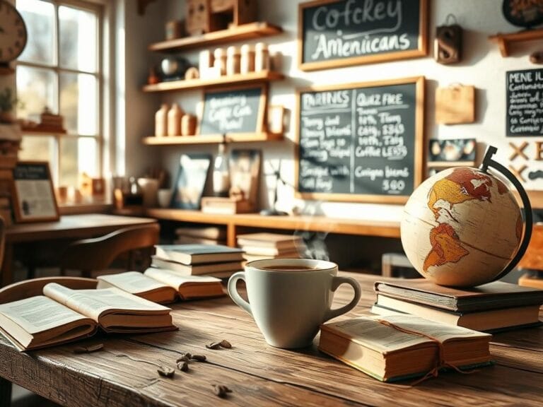 Flick International A steaming cup of coffee on a rustic wooden table with books and a vintage globe