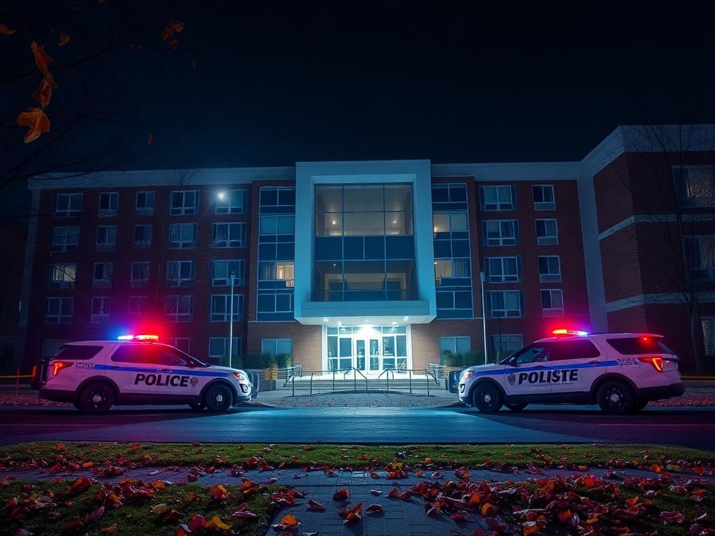 Flick International Exterior view of Oklahoma State University residence hall with police presence after a shooting incident