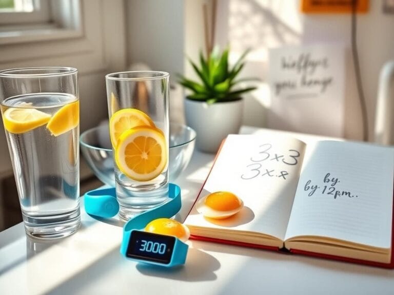 Flick International A sunlit kitchen countertop with water, eggs, and a fitness tracker showcasing a morning wellness routine