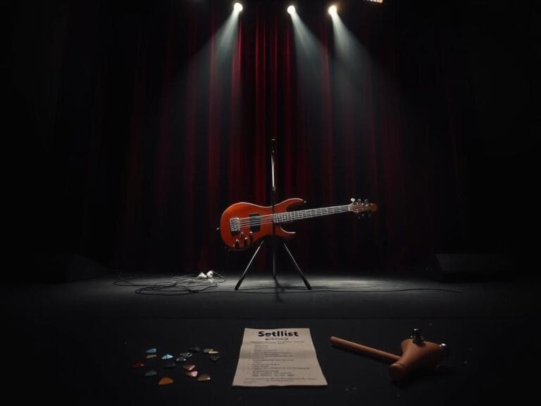 Flick International Empty stage with a prominent bass guitar and remnants of a performance