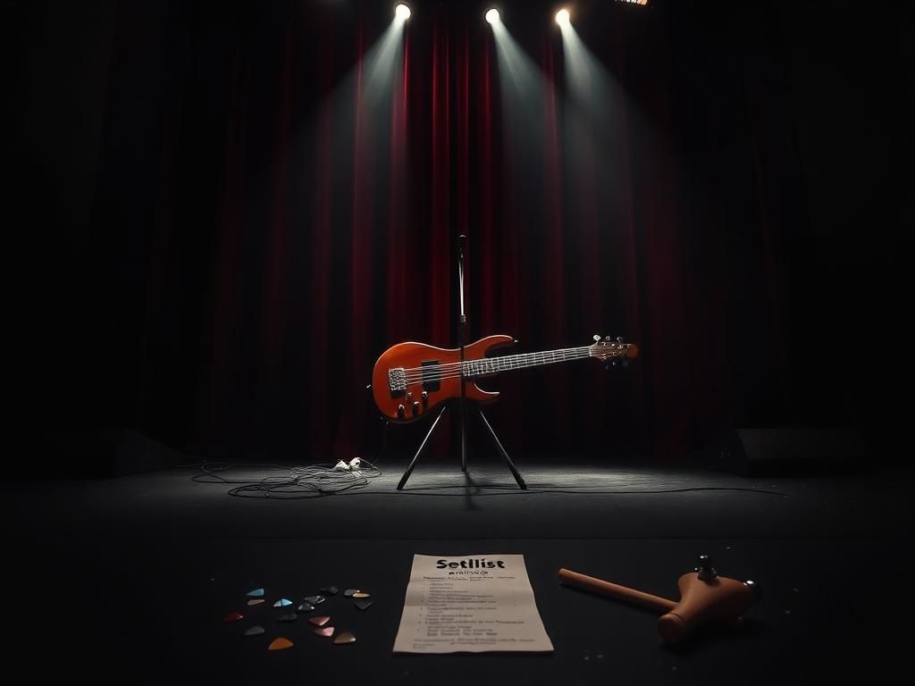 Flick International Empty stage with a prominent bass guitar and remnants of a performance