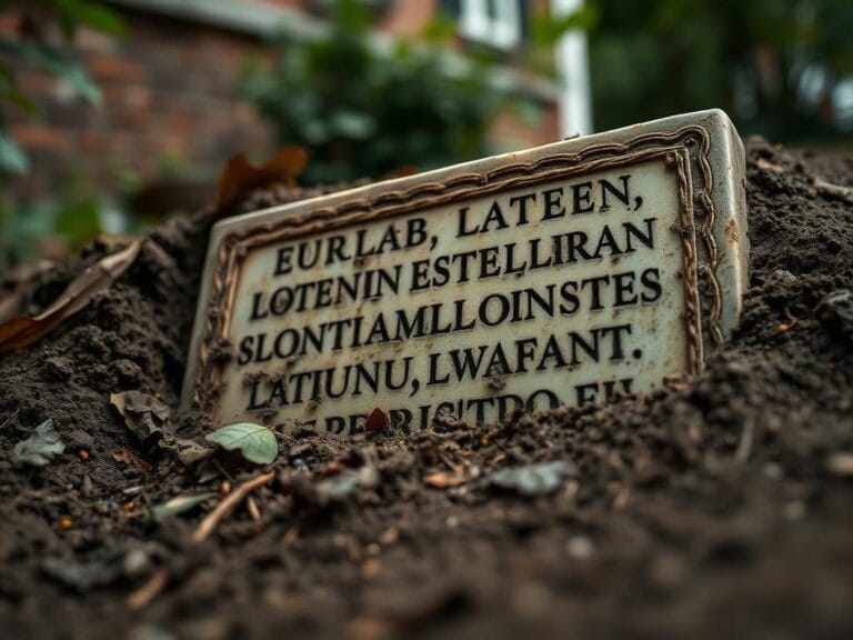 Flick International Close-up of a partially buried ancient Roman marble tablet with faded Latin inscriptions in a New Orleans backyard