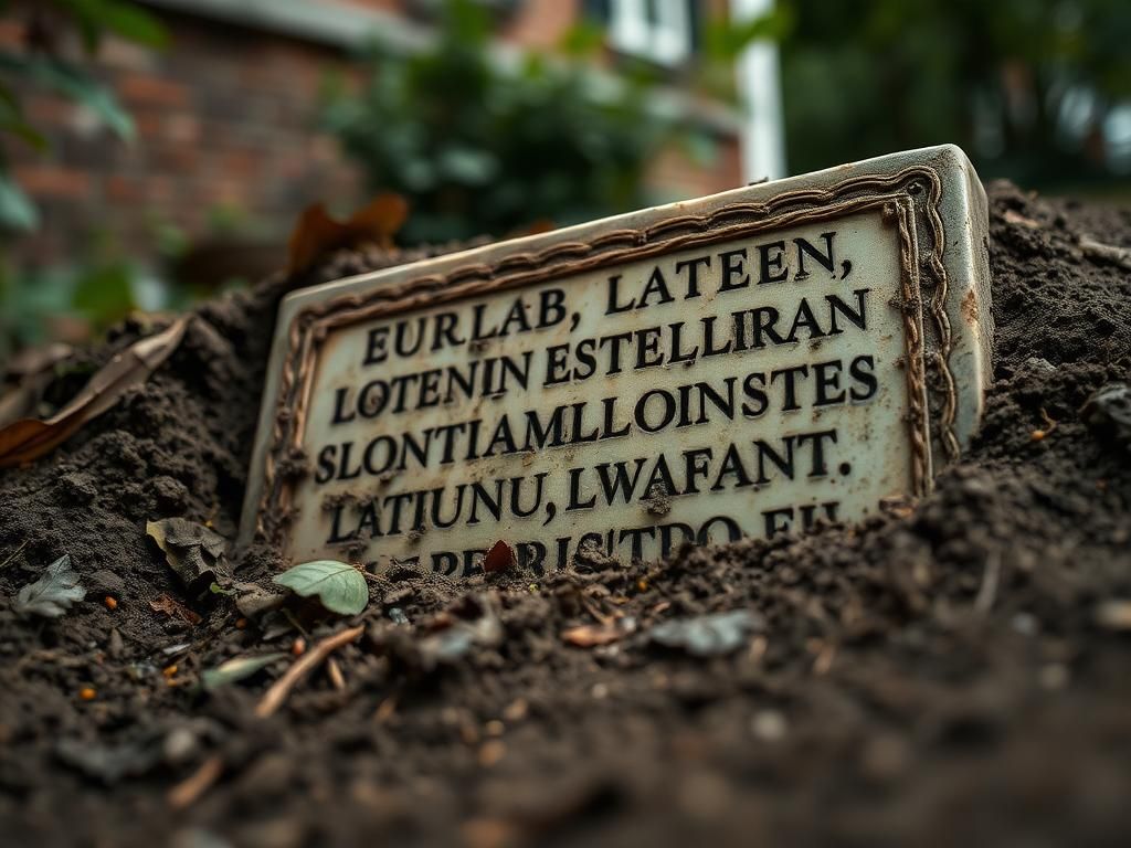 Flick International Close-up of a partially buried ancient Roman marble tablet with faded Latin inscriptions in a New Orleans backyard