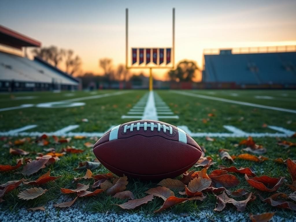 Flick International A serene college football field at dusk with a weathered football on autumn leaves