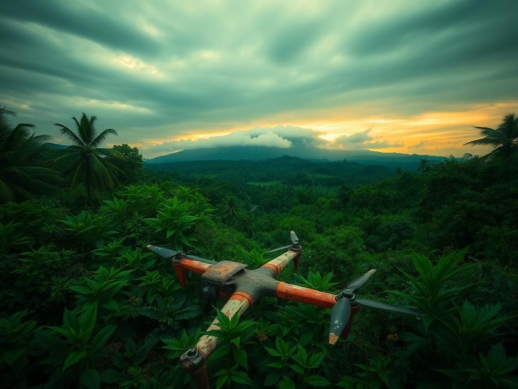 Flick International A discarded rusted drone among lush Colombian jungle foliage, symbolizing the fight against narcotics.