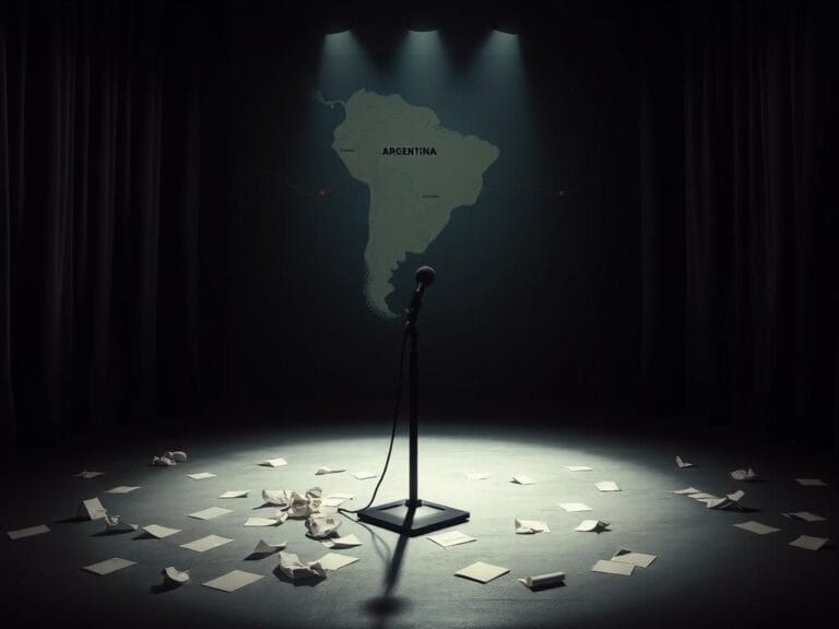Flick International Dimly lit stage with microphone and crumpled papers, representing the tension of political humor