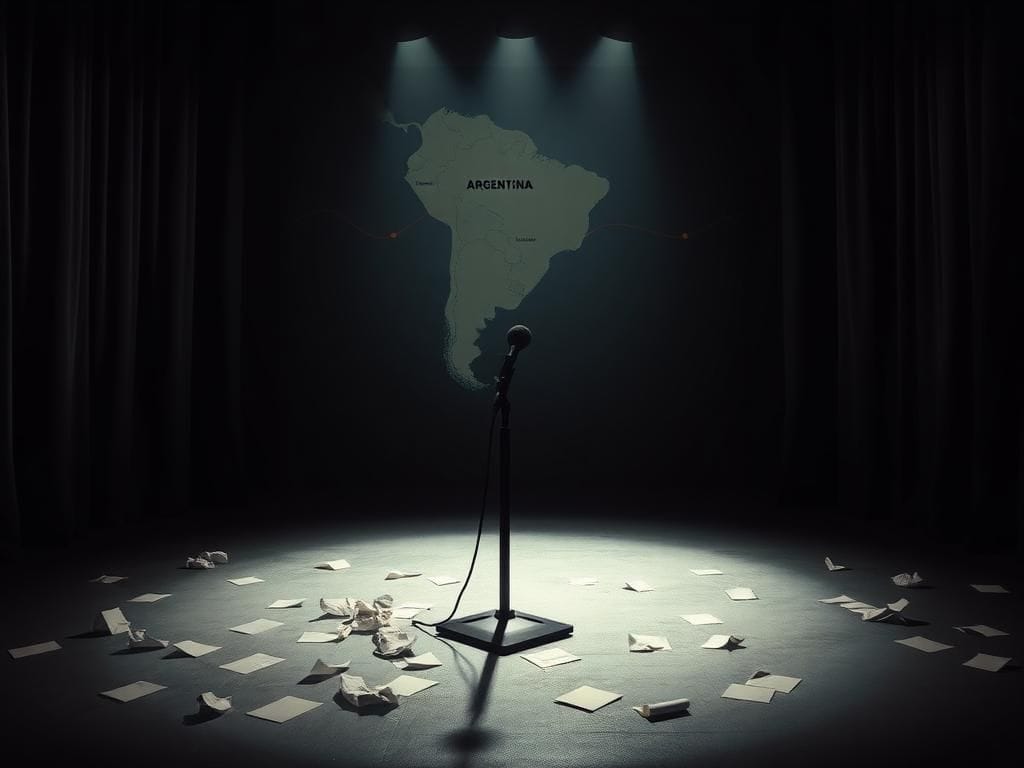Flick International Dimly lit stage with microphone and crumpled papers, representing the tension of political humor