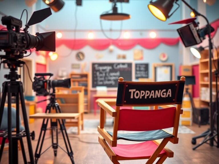 Flick International A vibrant film set from the late 1990s featuring vintage cameras, film lights, and a director's chair labeled 'Topanga'.