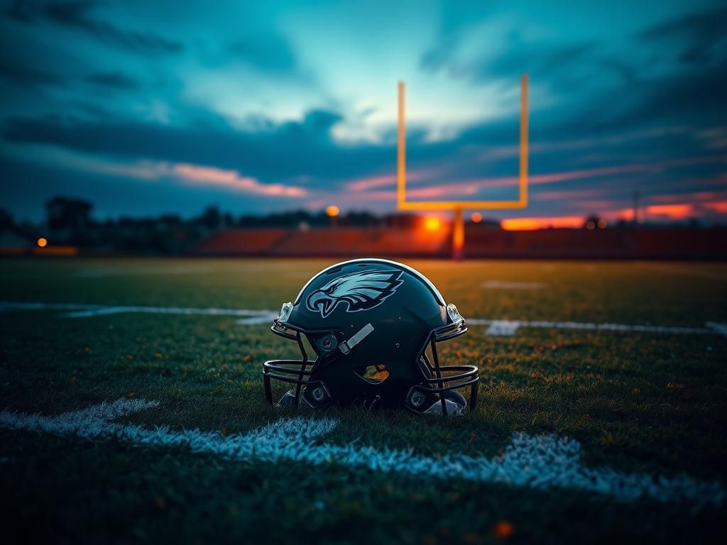 Flick International Philadelphia Eagles helmet on a twilight football field