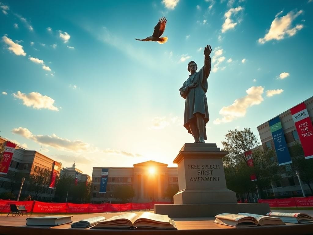 Flick International A vibrant university campus scene showcasing colorful banners advocating for free speech with a statue symbolizing activism.
