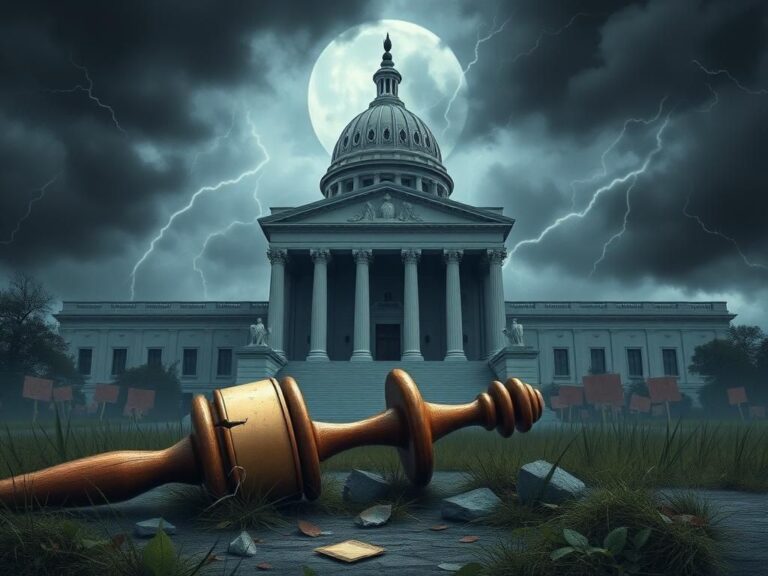 Flick International Dramatic depiction of an abstract government building surrounded by storm clouds illustrating political tension