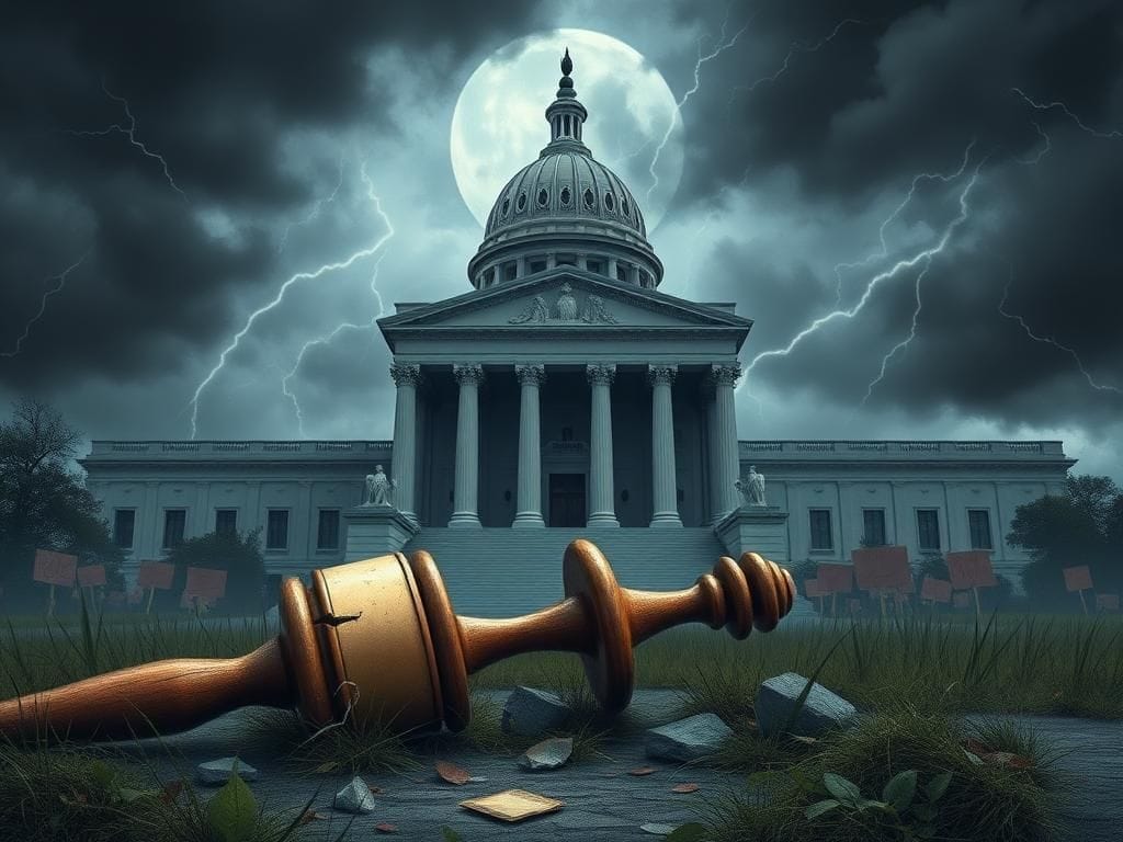 Flick International Dramatic depiction of an abstract government building surrounded by storm clouds illustrating political tension