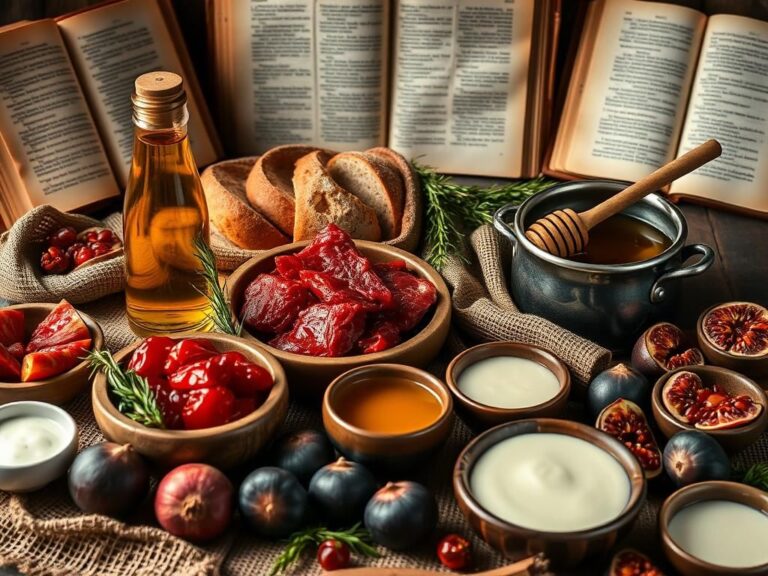 Flick International A rustic table spread with ancient biblical foods including red meat, olive oil, and honey.