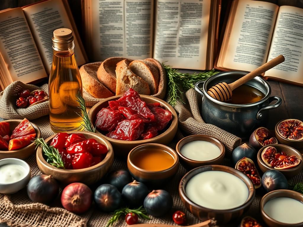 Flick International A rustic table spread with ancient biblical foods including red meat, olive oil, and honey.