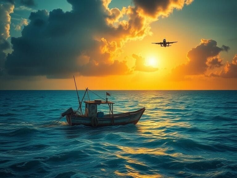 Flick International Weathered fishing vessel adrift in Caribbean waters during sunset