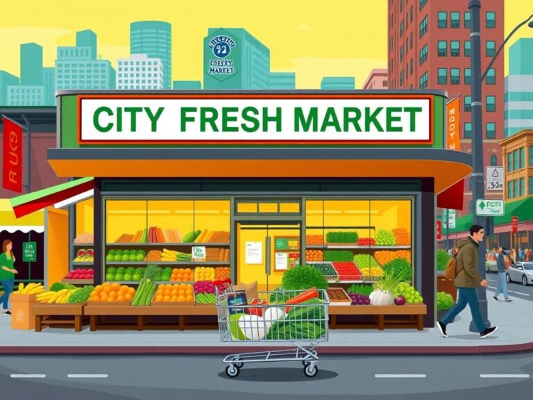 Flick International A bustling city street scene featuring City Fresh Market with vibrant displays of fresh produce.