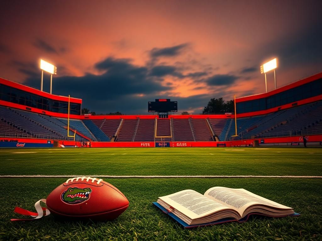 Flick International A vibrant football field at dusk showcasing the Florida Gators' colors with a weathered football and empty bleachers