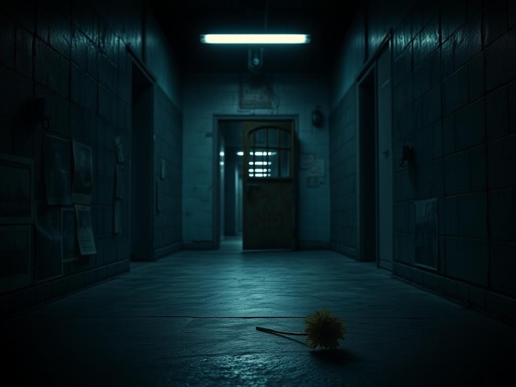 Flick International A dark, ominous prison corridor with a heavy cell door, symbolizing confinement and isolation