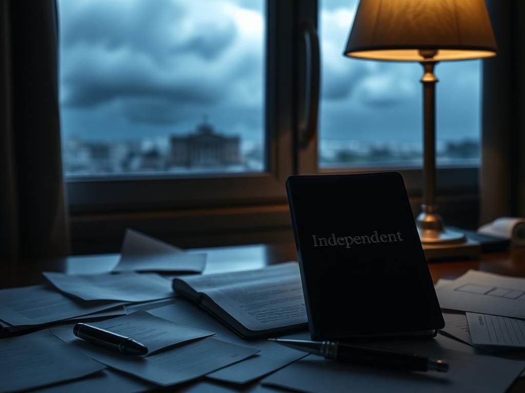 Flick International A closed notebook titled 'Independent' on a desk with scattered papers and a fountain pen, symbolizing Karine Jean-Pierre's departure from the Democratic Party.