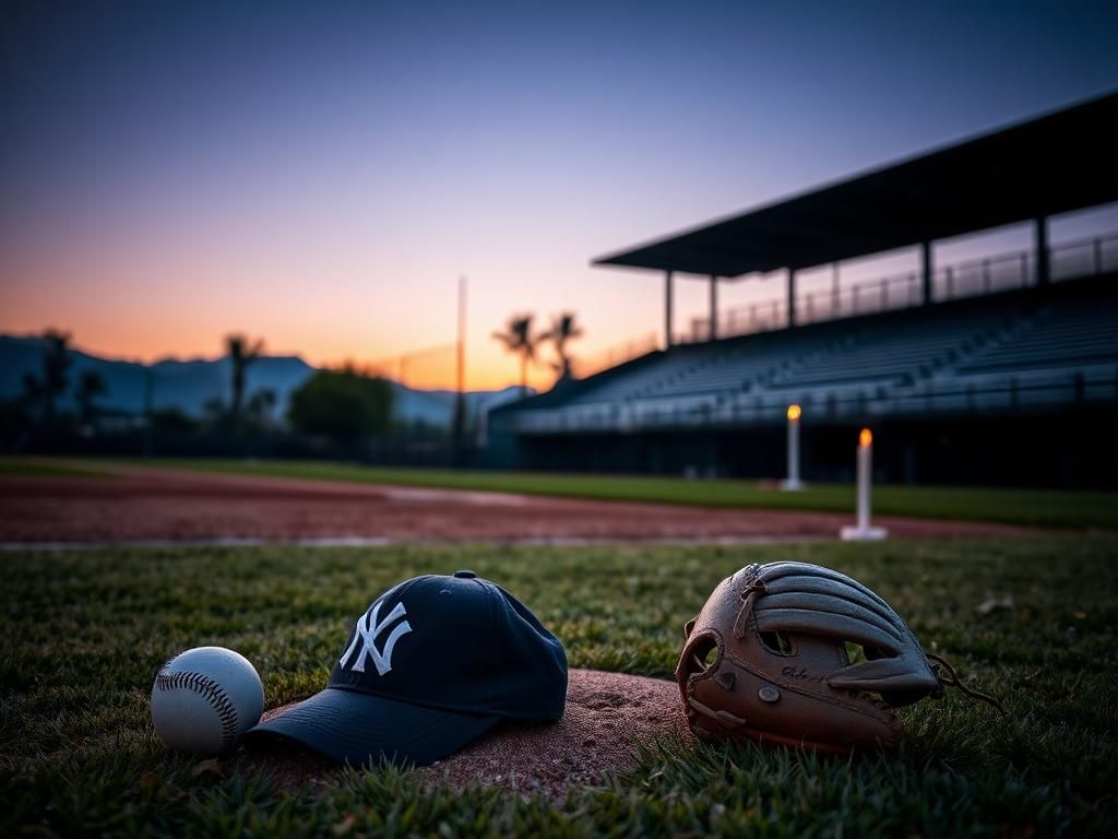 Flick International Somber baseball field at dusk with empty bleachers and a weathered baseball