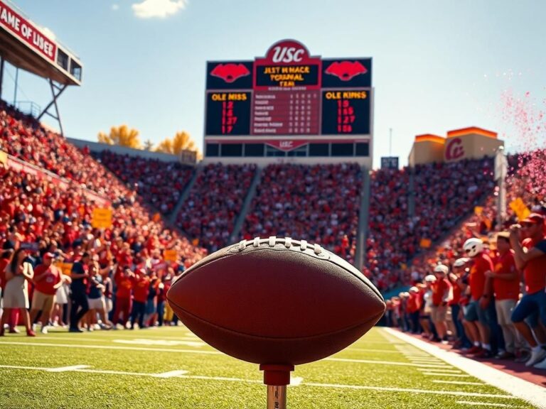 Flick International A vibrant college football stadium filled with fans during a game day atmosphere featuring banners and merchandise.