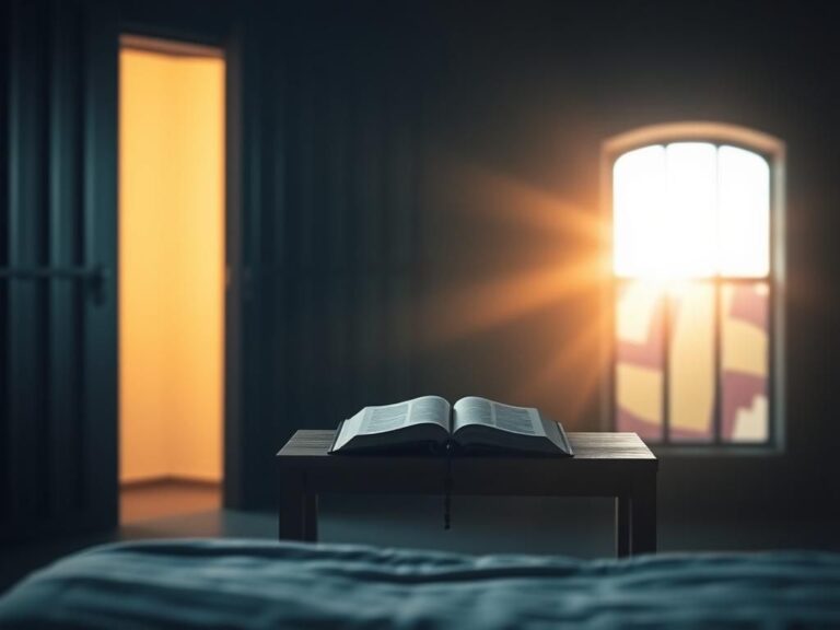 Flick International Open prison cell illuminated by warm light with a Bible on a table