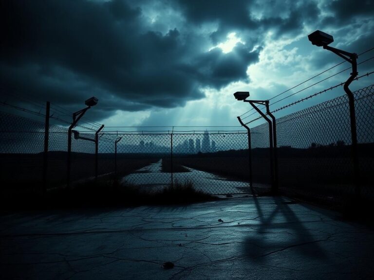 Flick International Ominous landscape of a border crossing with barbed wire and surveillance cameras under a stormy sky