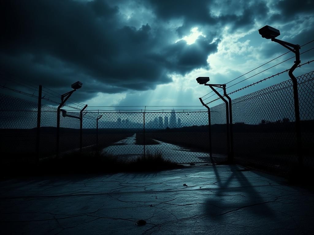 Flick International Ominous landscape of a border crossing with barbed wire and surveillance cameras under a stormy sky