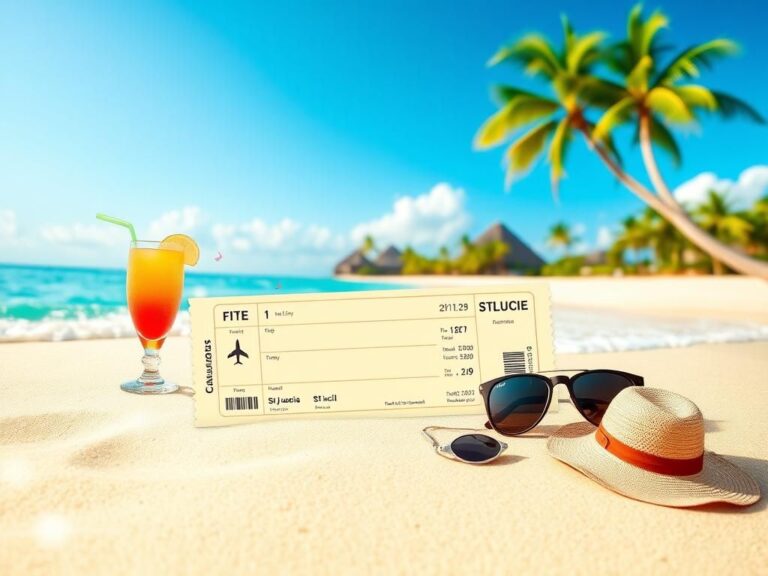 Flick International Stylized airline ticket on a sandy beach with tropical scenery