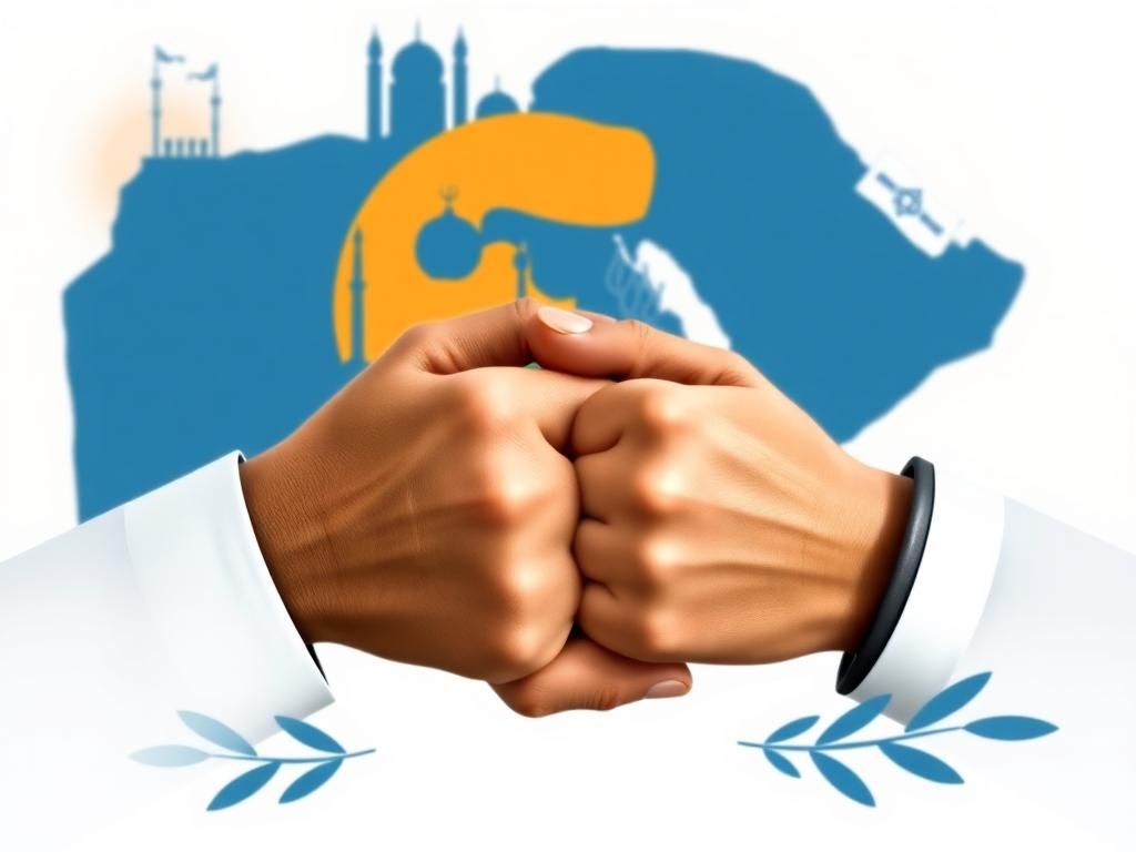 Flick International Symbolic representation of diplomacy in the Middle East with interlocked hands and olive branches