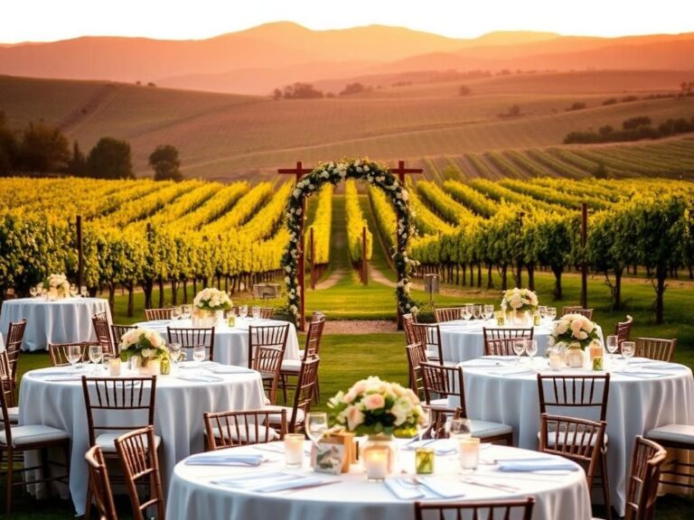 Flick International A picturesque outdoor wedding scene in a vineyard during golden sunset
