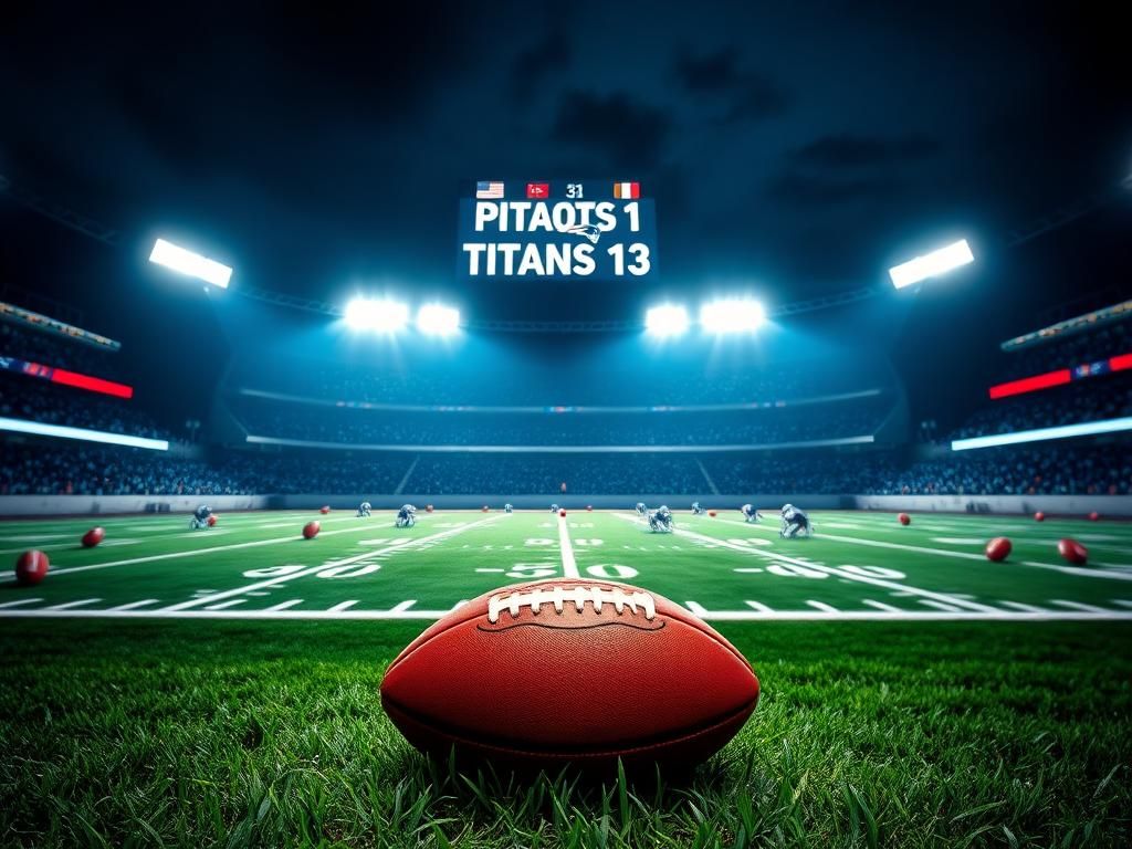 Flick International Illuminated football stadium at night showcasing Patriots vs Titans score