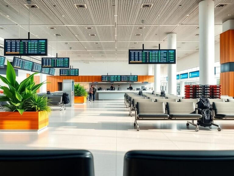 Flick International Modern airport terminal with empty departure gate and sleek design
