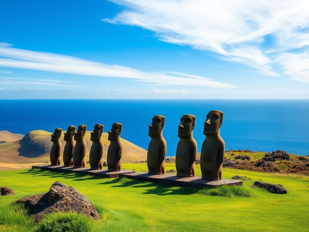 Flick International Row of iconic Moai statues on Easter Island surrounded by lush green grass and volcanic rock formations