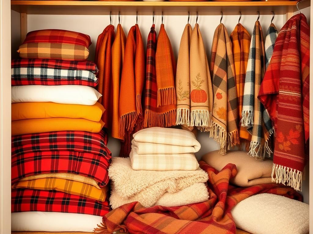 Flick International Cozy autumn scene depicting a well-organized linen closet filled with warm textiles, including flannel sheets and plush comforters.