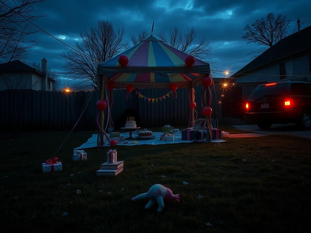 Flick International Somber outdoor scene of an abandoned children's birthday party in Maryland, featuring colorful decorations and empty chairs.