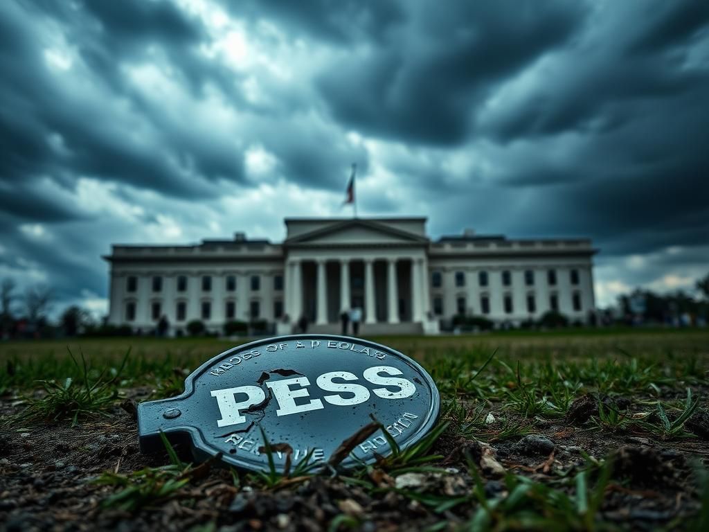 Flick International Imposing Pentagon building under a stormy sky with a shattered press badge on the ground