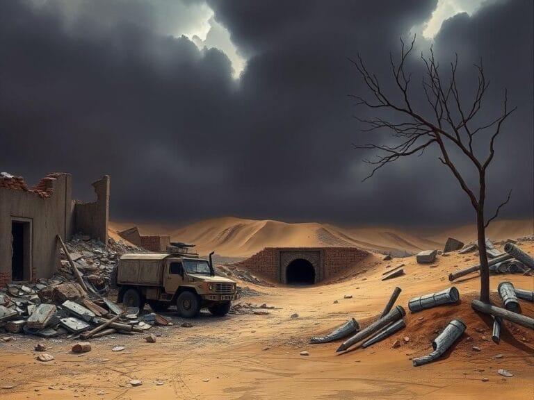 Flick International Aftermath of conflict in Rafah, Gaza with destroyed buildings and an ominous sky