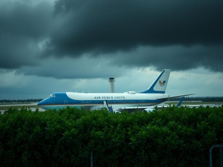 Flick International Small stairs leading to Air Force One at Palm Beach International Airport with a green hedge in the foreground