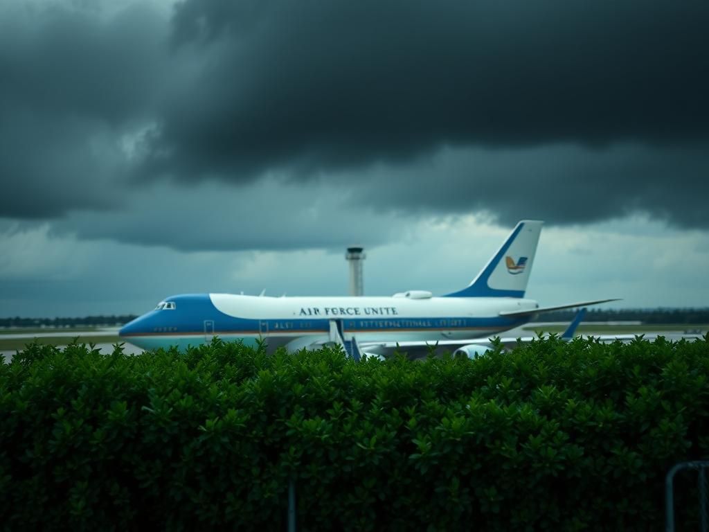Flick International Small stairs leading to Air Force One at Palm Beach International Airport with a green hedge in the foreground