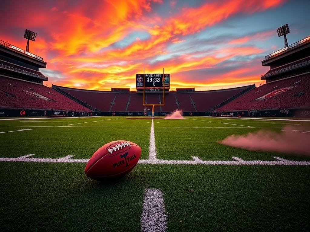 Flick International Dramatic sunset over a football stadium showcasing remnants of an intense game