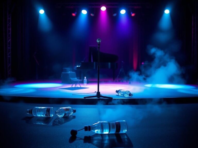 Flick International Dimly lit concert stage with an empty microphone stand and scattered water bottles symbolizing dehydration