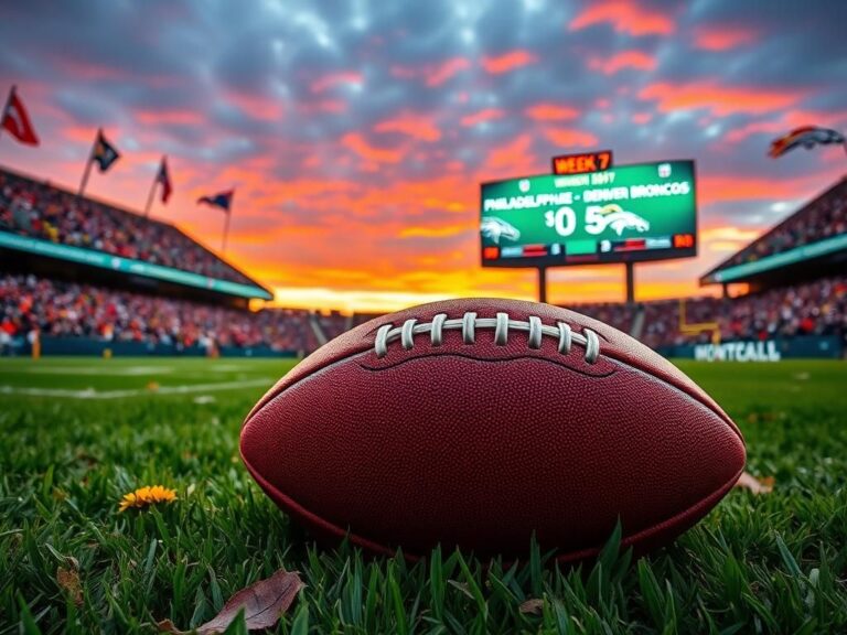 Flick International Vibrant football stadium on an autumn day with team banners and a scoreboard showing Eagles and Broncos victories
