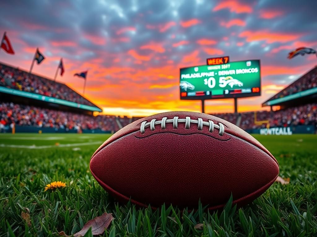 Flick International Vibrant football stadium on an autumn day with team banners and a scoreboard showing Eagles and Broncos victories