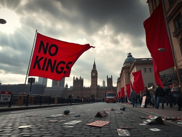 Flick International Urban protest scene with 'No Kings' banners and empty cobblestone street