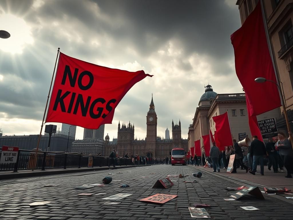 Flick International Urban protest scene with 'No Kings' banners and empty cobblestone street