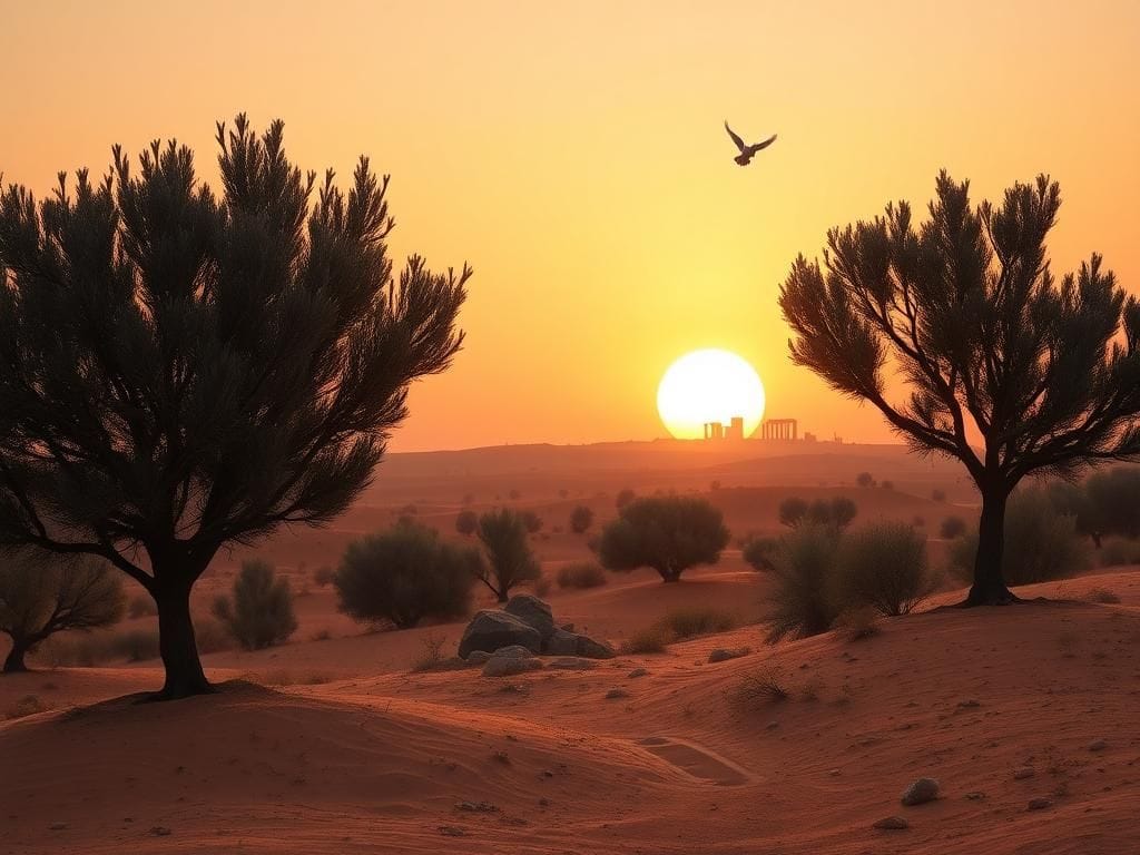 Flick International Serene landscape of a Middle Eastern desert at sunset symbolizing peace.