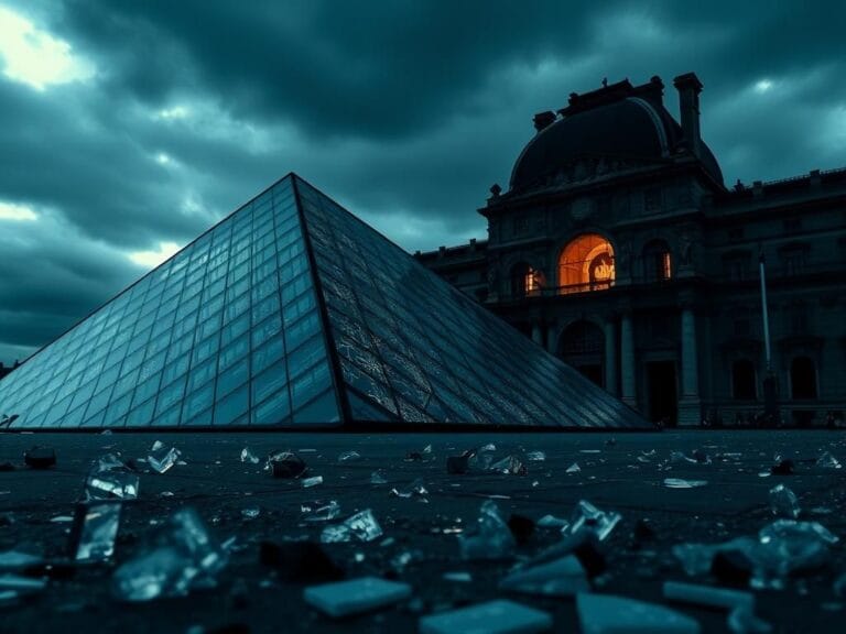 Flick International Dramatic scene of the Louvre Museum's glass pyramid under an overcast sky with glass shards on the ground