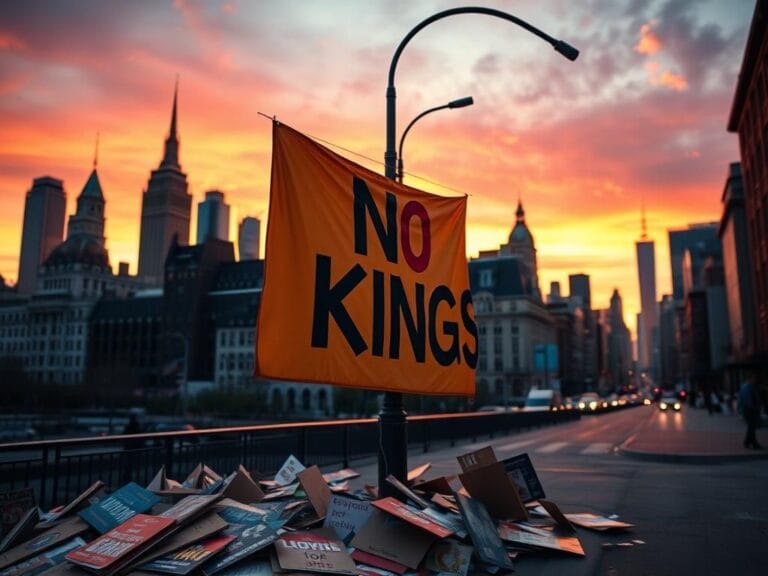 Flick International Cityscape at dusk featuring a vibrant sunset and a 'No Kings' protest banner