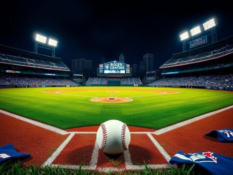 Flick International Vibrant baseball stadium scene at Rogers Centre with a baseball on home plate